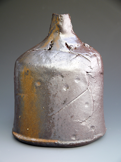 17 woodfired shino bottle with leaf and acorn 19 x 15 cm